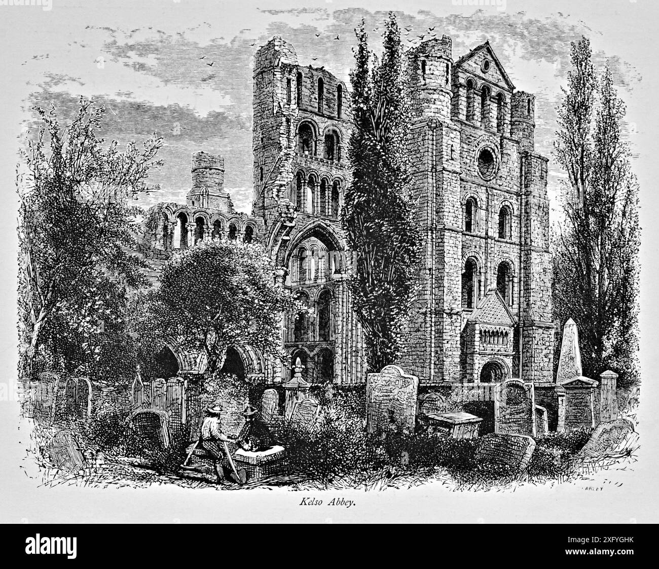 Kelso Abbey, Kelso, Scottish Borders, Scozia, incisione vintage del 1880 Foto Stock