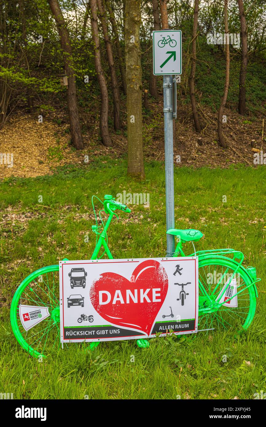 pista ciclabile, bicicletta verde, insegna, considerazione ci dà tutto spazio, cuore, grazie Foto Stock