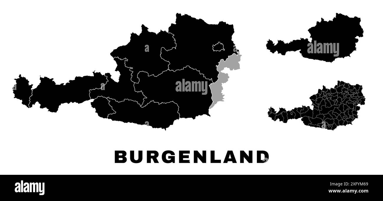 Mappa del Burgenland, stato austriaco. Divisione amministrativa austriaca, province, distretti e comuni. Illustrazione Vettoriale