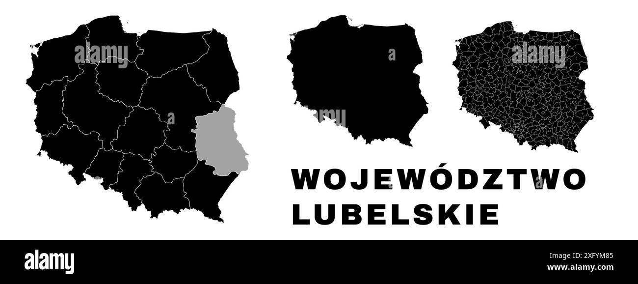 Mappa di Lublino, voivodato polacco. Divisione amministrativa della Polonia, province, distretti e comuni. Illustrazione Vettoriale