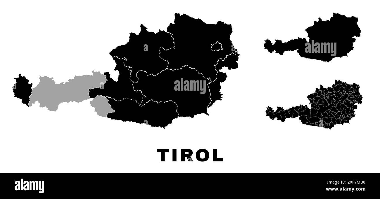 Mappa del Tirolo, stato austriaco. Divisione amministrativa austriaca, province, distretti e comuni. Illustrazione Vettoriale