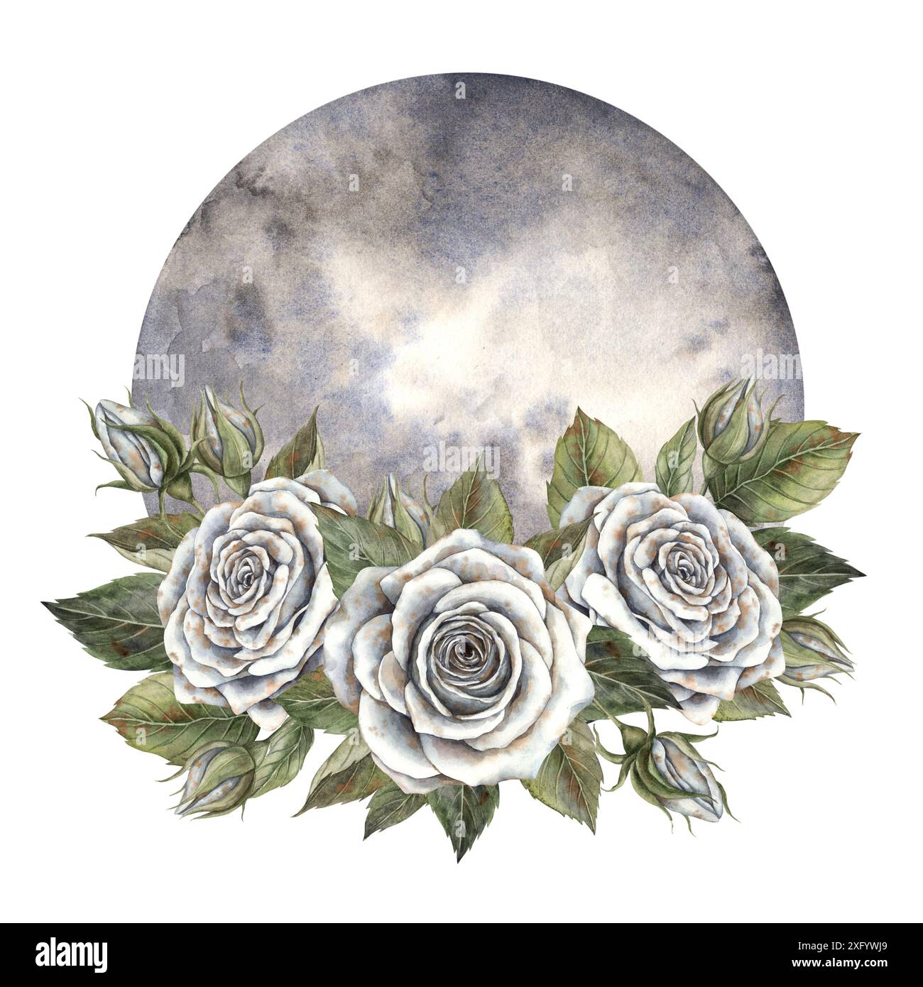 Una fresca rosa bianca con foglie verdi e una grande luna. Illustrazione ad acquerello disegnata a mano in stile magico. Per il design, le decorazioni, le carte, Halloween i Foto Stock