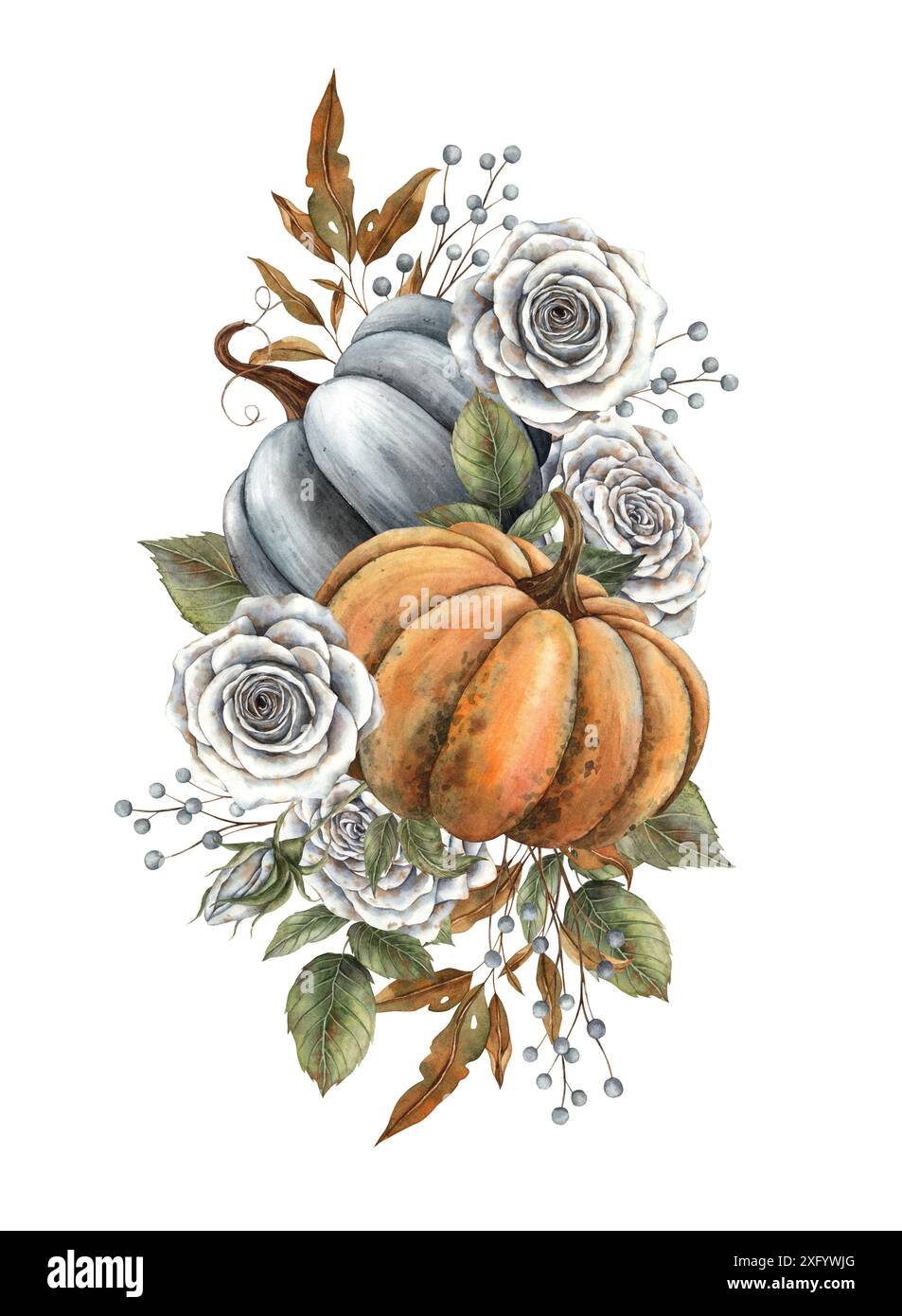 Zucche nere e arancioni, rose bianche con foglie autunnali e frutti di bosco. Illustrazione ad acquerello disegnata a mano in stile vintage. Adatto per Halloween, Th Foto Stock