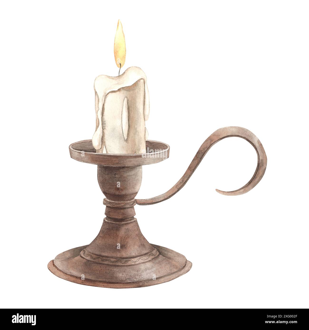 Candela bruciata in un candelabro in rame metallico in stile vintage. Illustrazione ad acquerello disegnata a mano su sfondo isolato in stile vintage. Lo schema Foto Stock