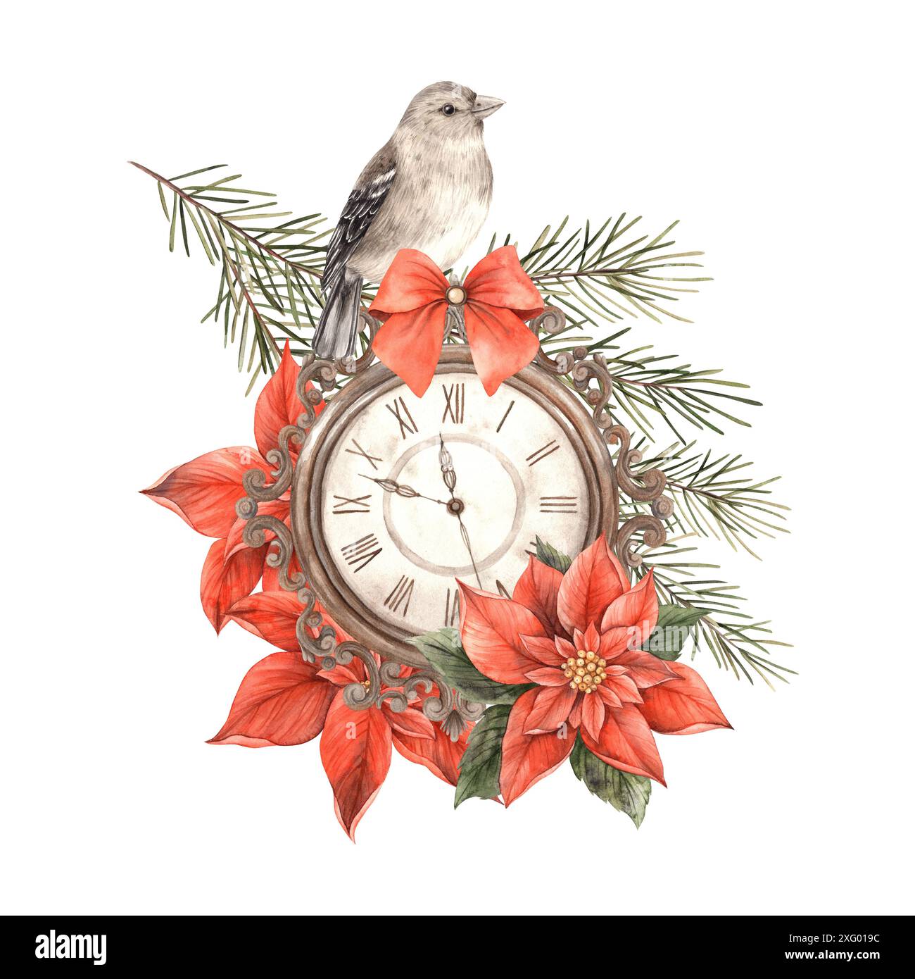Orologio d'epoca con arco rosso circondato da rami di pino e un uccello realistico. Composizione acquerello in stile natalizio e vintage. Disegno nuovo Foto Stock