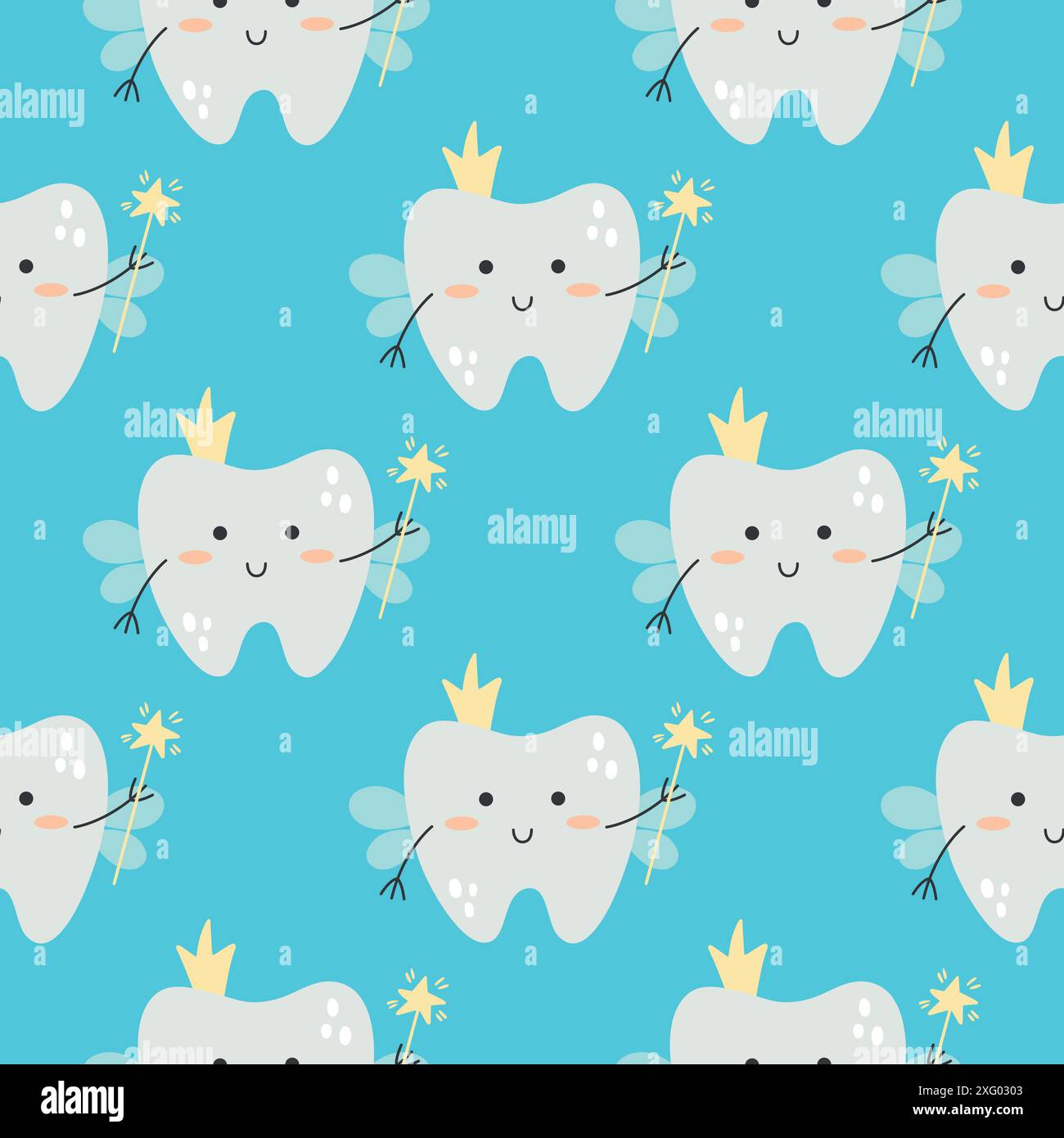 Motivo vettoriale senza cuciture caratterizzato da un personaggio di fata dei denti con una corona e una bacchetta magica su sfondo blu. Illustrazione Vettoriale