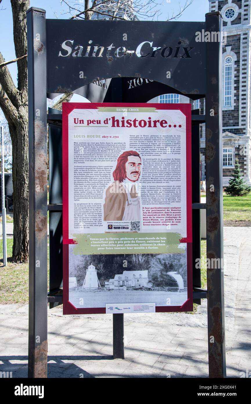 Insegna storia di Louis Houde presso la chiesa di St. Croix di Lotbinière in rue principale a Sainte-Croix, Quebec, Canada Foto Stock