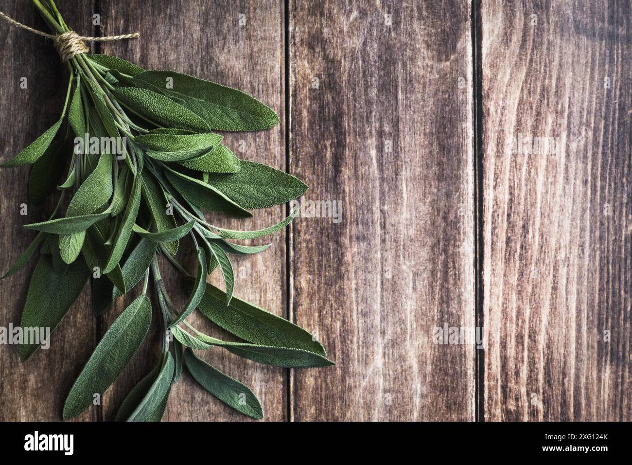 Foglia di salvia, salvia da cucina su tavolo di legno scuro, fondo di cottura, spazio copia Foto Stock