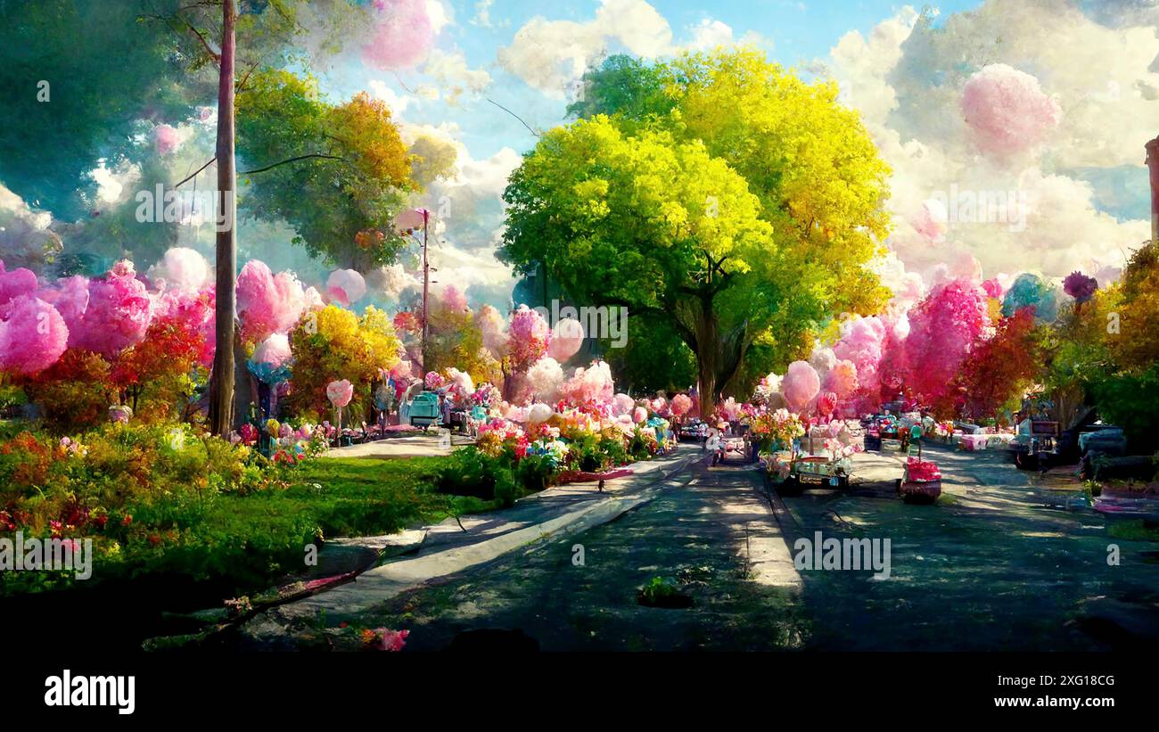 Illustrazione di un paesaggio fantasy in città con alberi lollipop caramelle di cotone rosa, l'immaginazione di un mondo da sogno Foto Stock