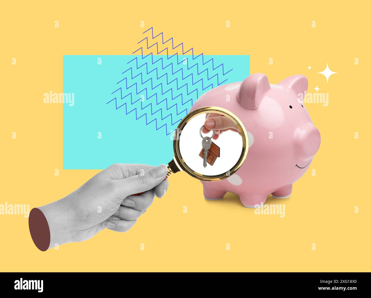 Collage creativo di salvadanaio e mano di donna con lente d'ingrandimento su sfondo a colori Foto Stock