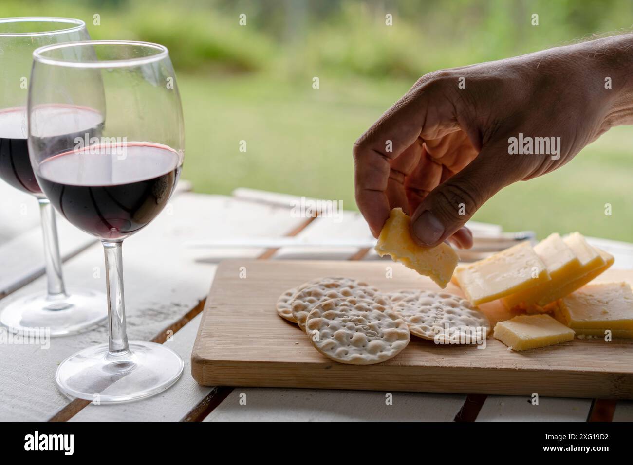 picnic all'aperto con cracker al formaggio e vino rosso, brunch e un bicchiere di vino rosso Foto Stock