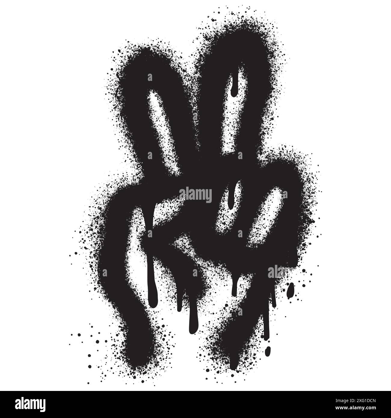 Segno V per il gesto della mano Graffiti per simbolo di pace con sopra spray in nero su bianco. Illustrazione Vettoriale