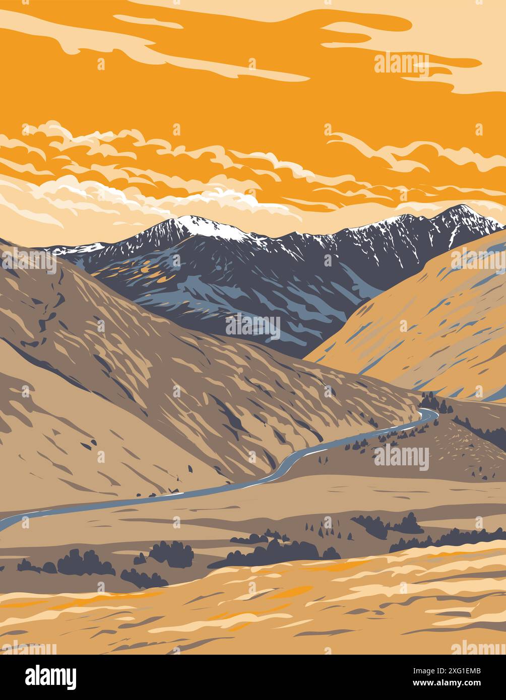 WPA poster art of the Remarkables Kawarau vista da Arthurs Point a Queenstown, Otago, Isola del Sud della nuova Zelanda fatto in Works project administra Illustrazione Vettoriale