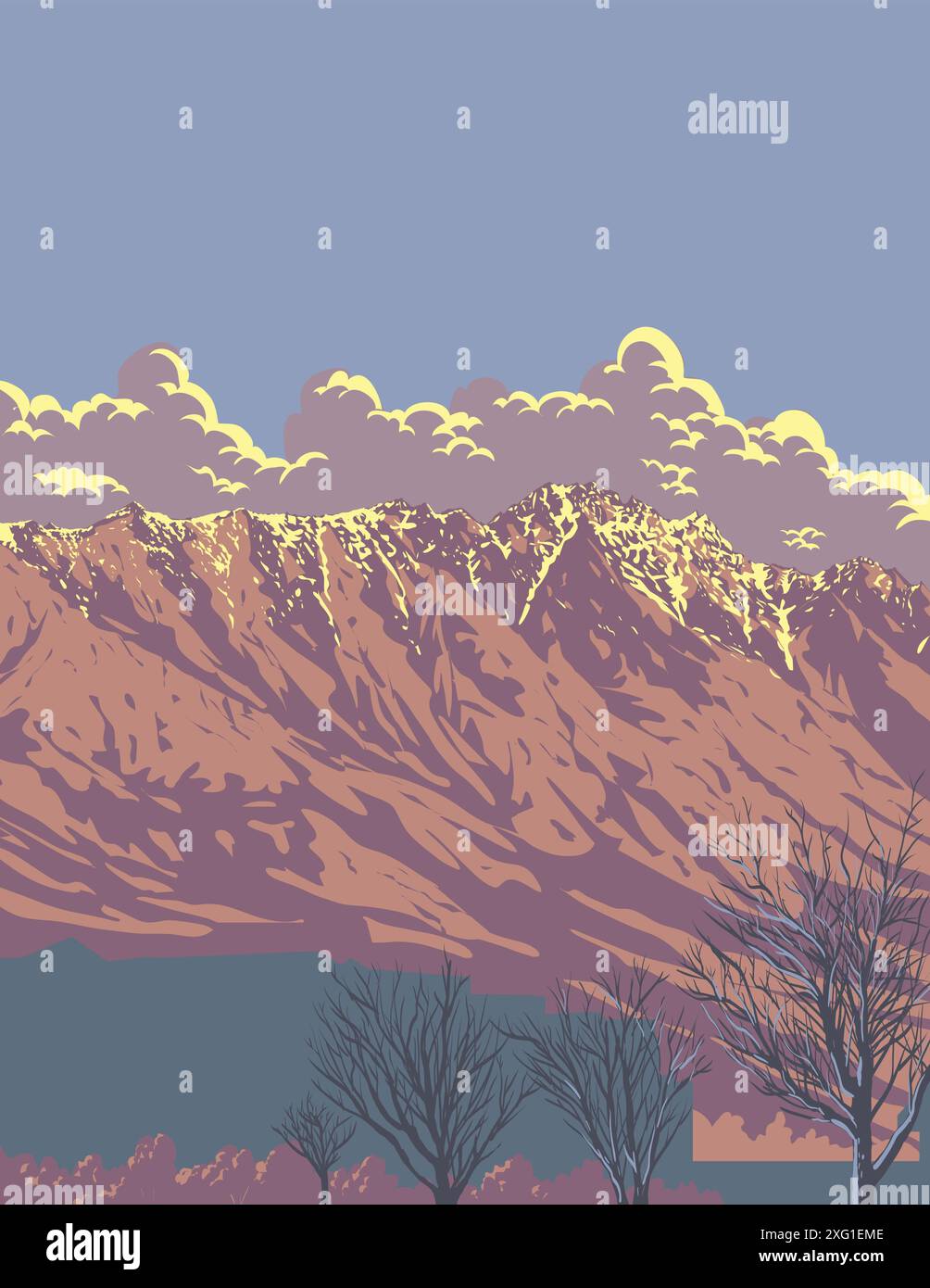 Poster art WPA della catena montuosa Remarkables nelle Alpi meridionali vista da Queenstown, Otago, Isola del Sud della nuova Zelanda realizzato in progetto Works Illustrazione Vettoriale