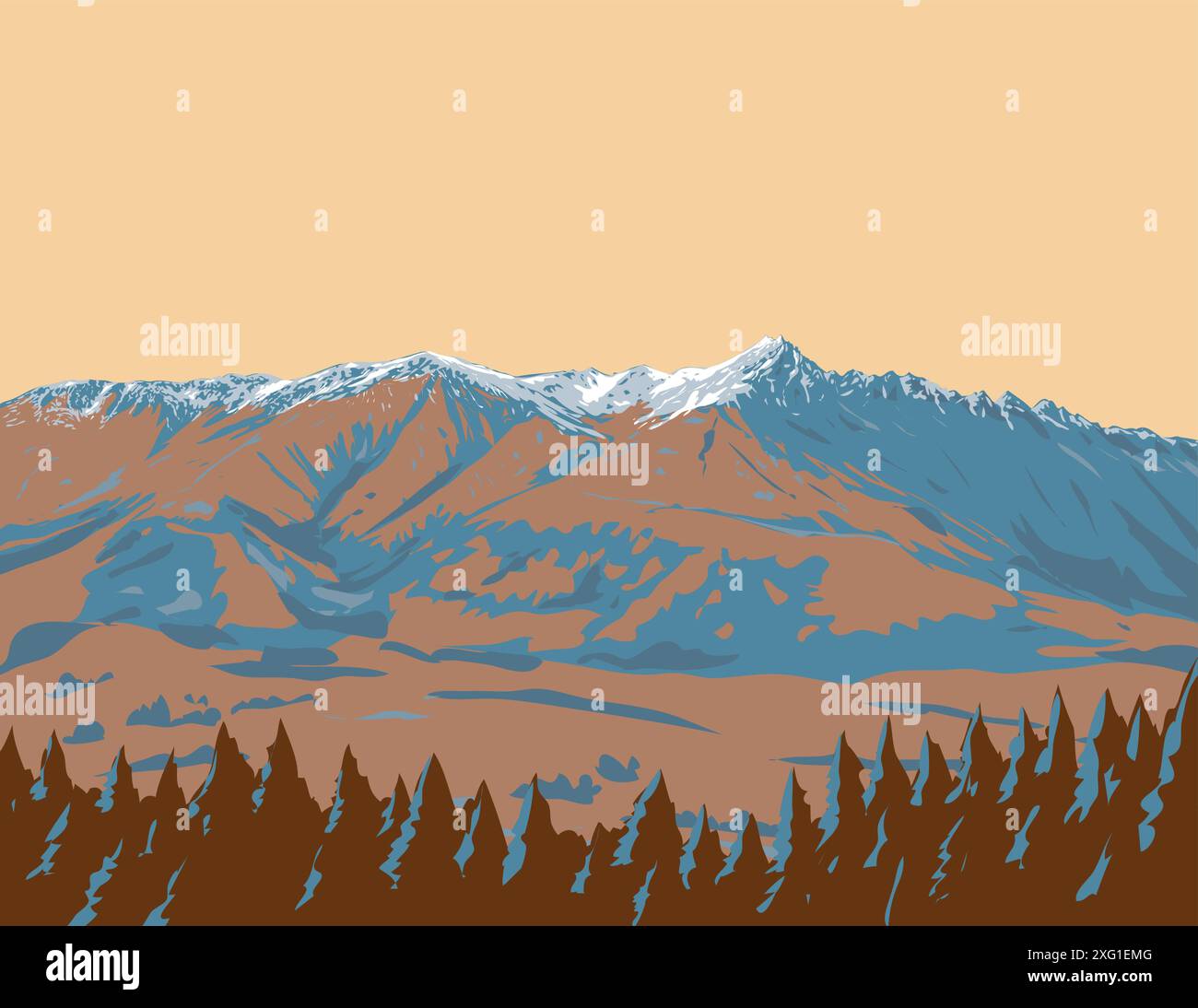Poster art WPA della catena montuosa di Coronet Peak a Queenstown, Otago, Isola del Sud della nuova Zelanda, realizzata nell'amministrazione di progetti di opere o nell'arte federale pr Illustrazione Vettoriale