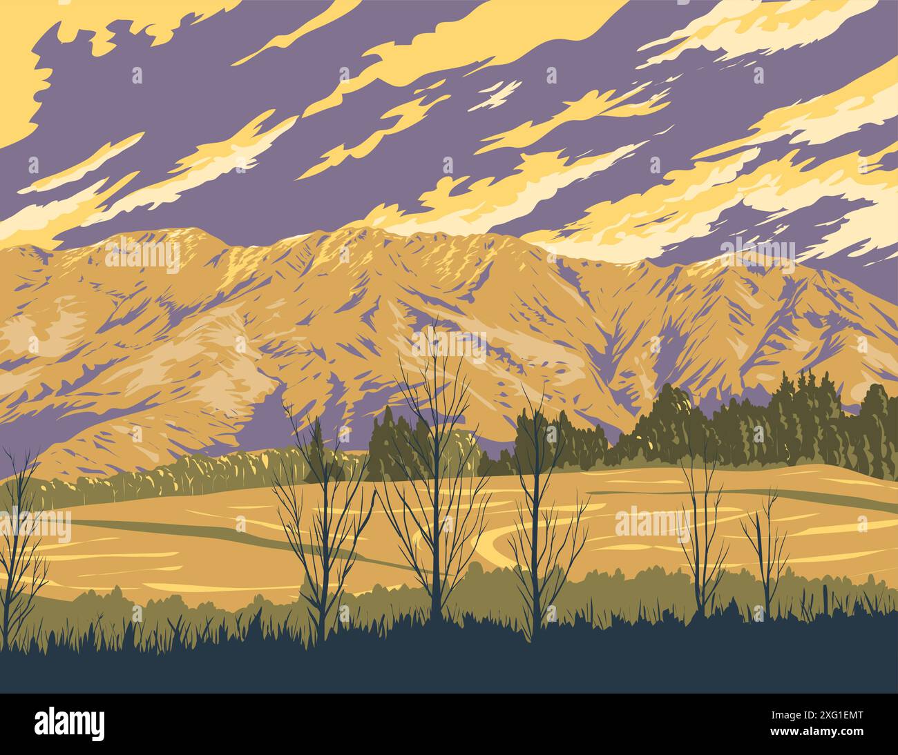 WPA poster art della catena montuosa Remarkables vista da Arthurs Point a Queenstown, Otago, South Island della nuova Zelanda, fatto in Works project adm Illustrazione Vettoriale