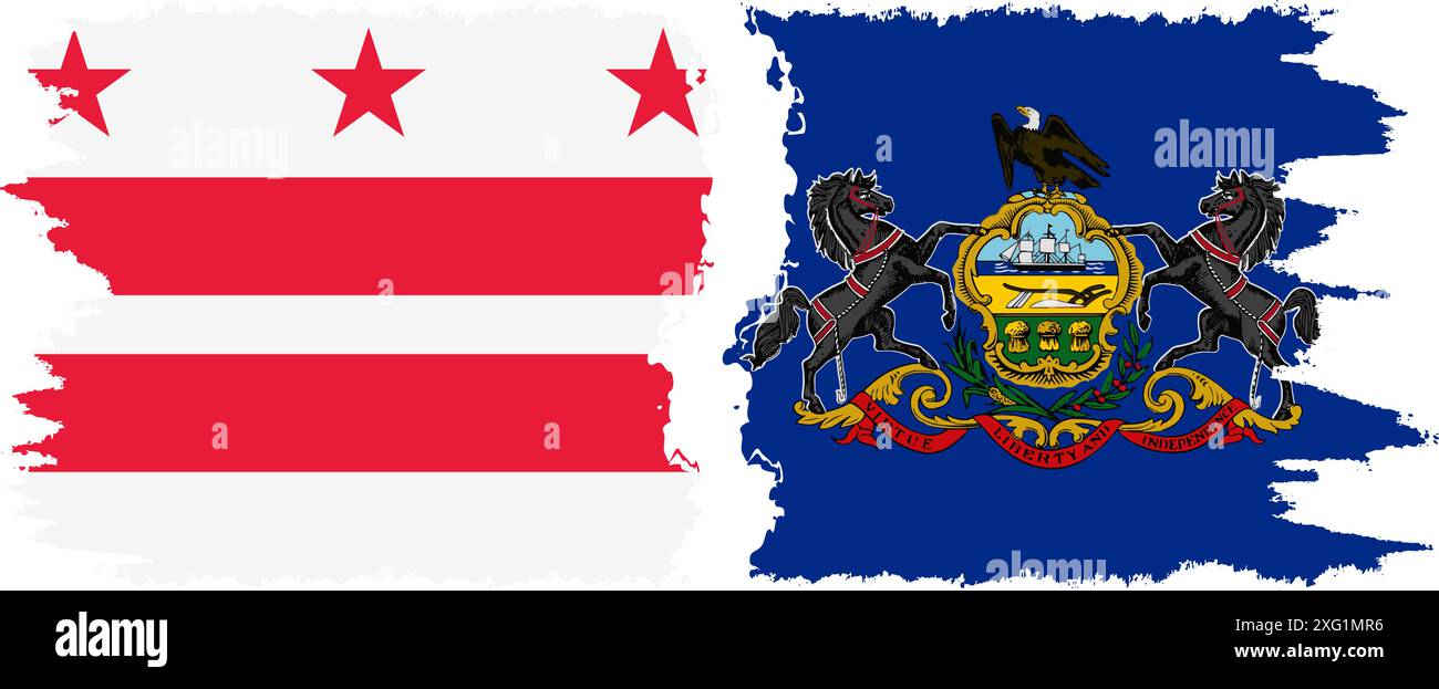 Pennsylvania e District of Columbia USA - Washington, D.C. grunge brush Flags Connection, Vector Illustrazione Vettoriale