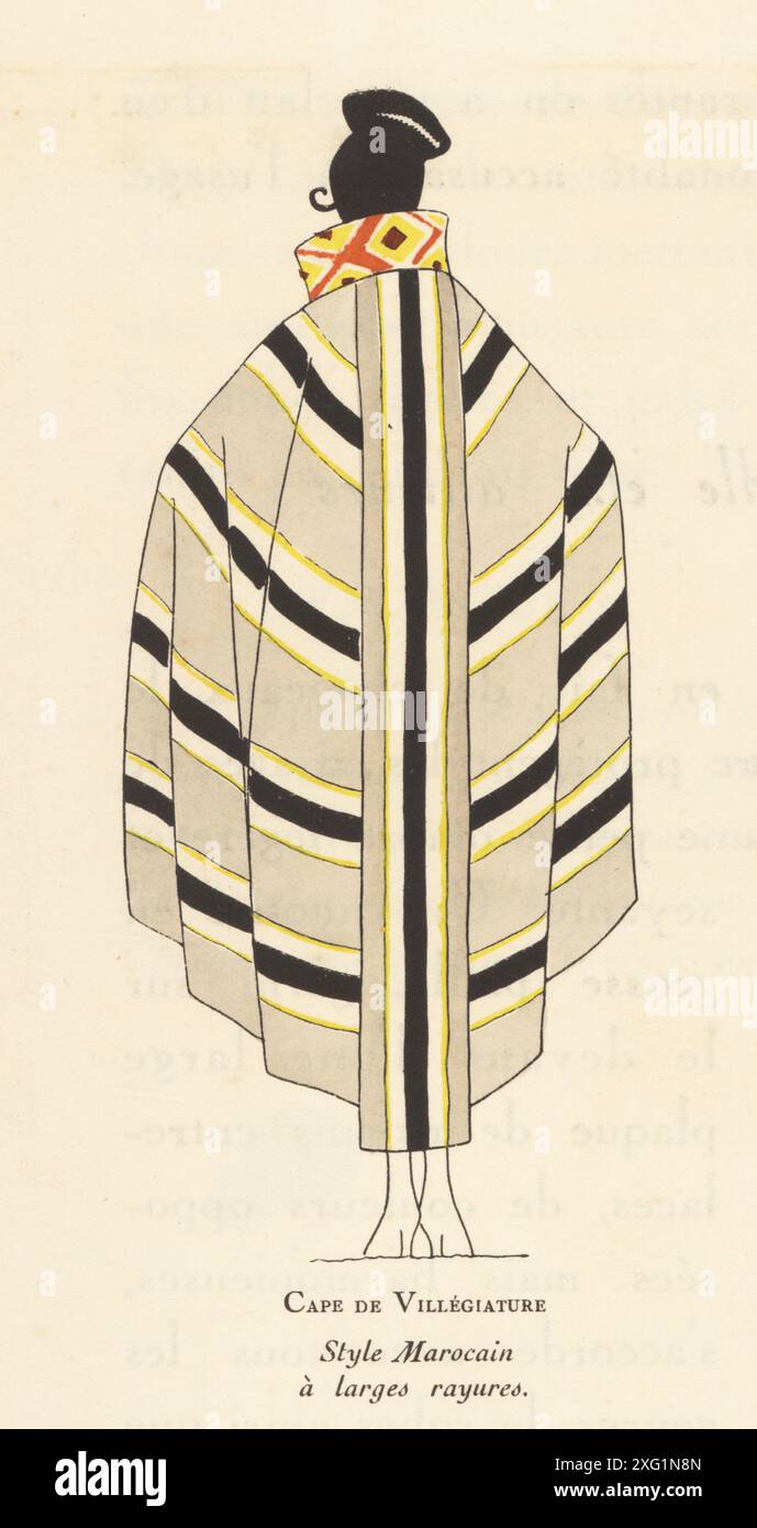 Donna alla moda in un mantello per le vacanze. Cape de Villegiature: Stile marocchino con grandi strisce. Litografia di pocoro (stencil) a colori a mano su illustrazione di Miss Colette, Miss J. Dory, Miss Mariotton, Baratin, Ledoux, Y. Meston, myRIO o P. Scavone da Art, Gout, Beaute, pubblicato dalla rivista di moda AGB, Lione, 1922. Foto Stock