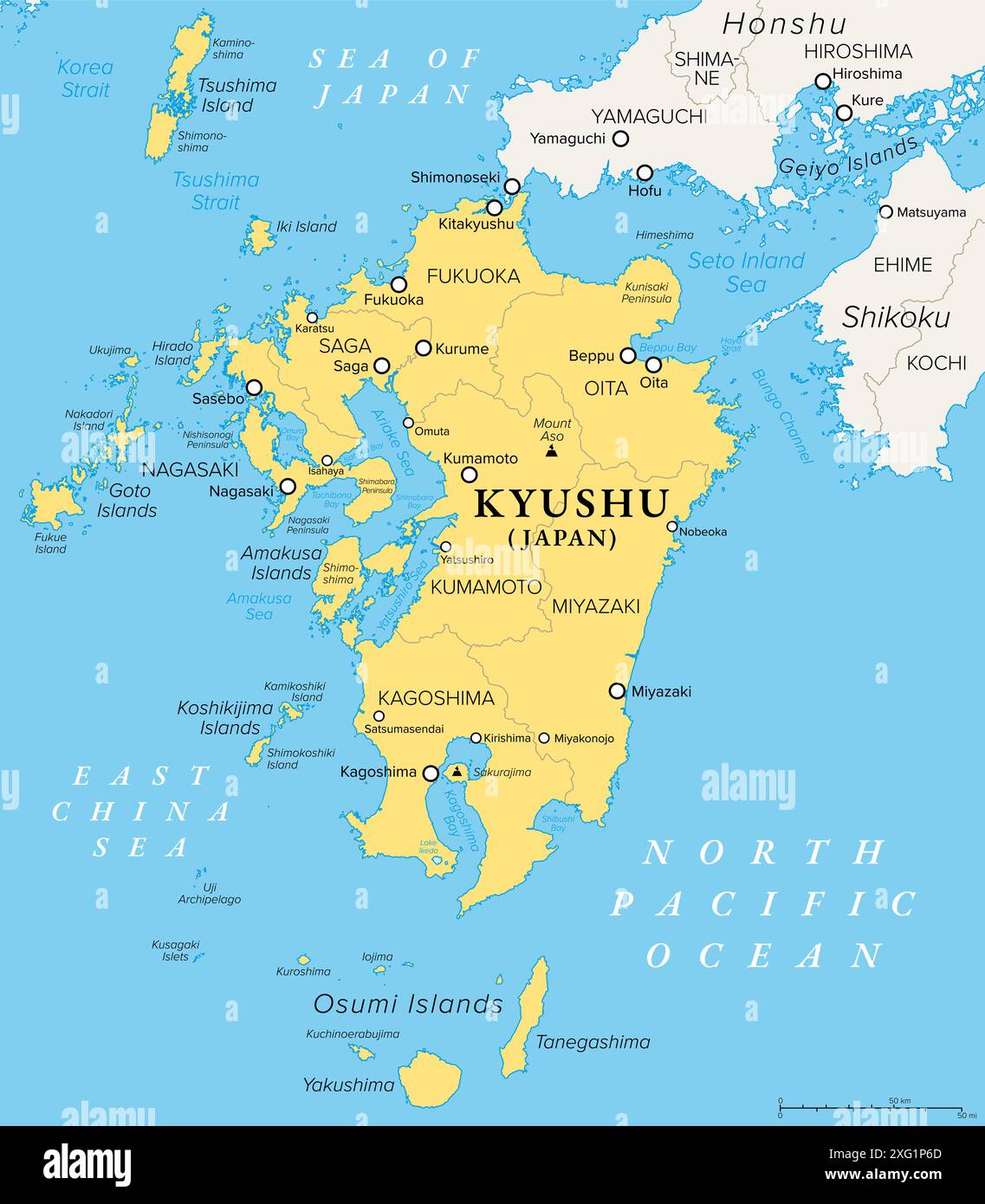 Isola di Kyushu e parte settentrionale della regione di Kyushu in Giappone, mappa politica con le prefetture. Una delle quattro maggiori isole del Giappone. Foto Stock