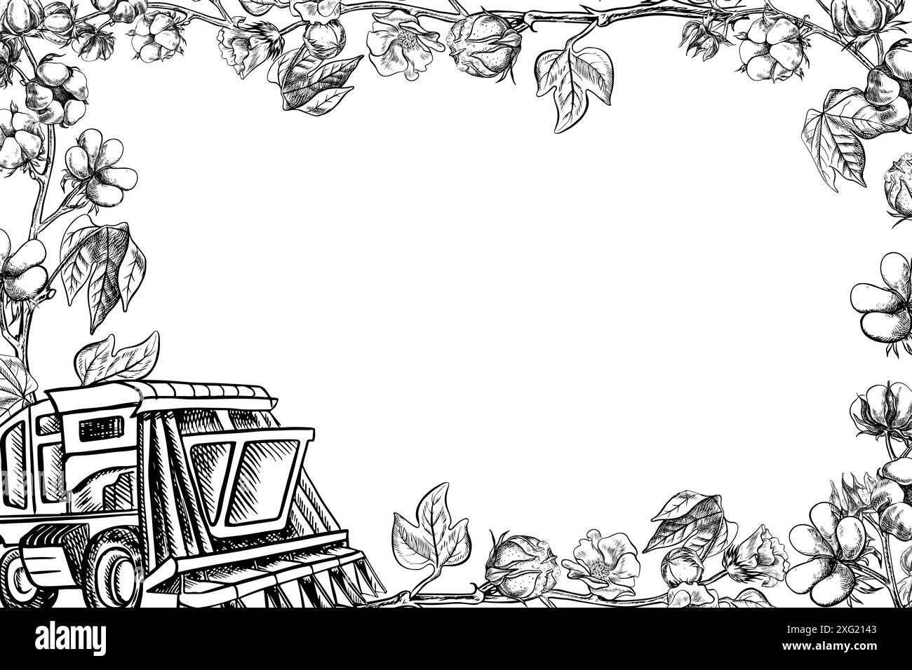 Raccoglitrice di cotone. Illustrazione grafica vettoriale in bianco e nero realizzata a mano. Una composizione stilizzata di una moderna raccoglitrice di cotone utilizzata in agricoltura Illustrazione Vettoriale