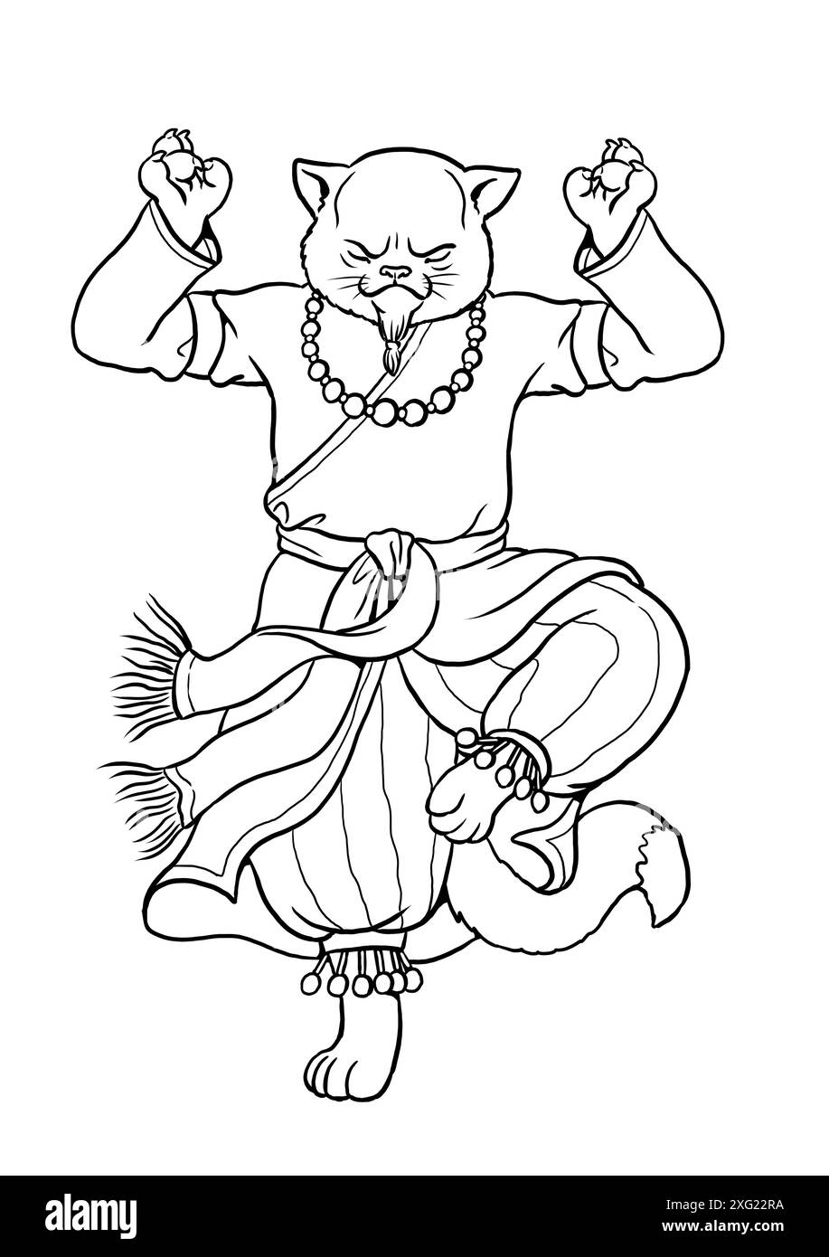 Il gatto come monaco buddista. Pagina da colorare con divertente personaggio steampunk. Foto Stock