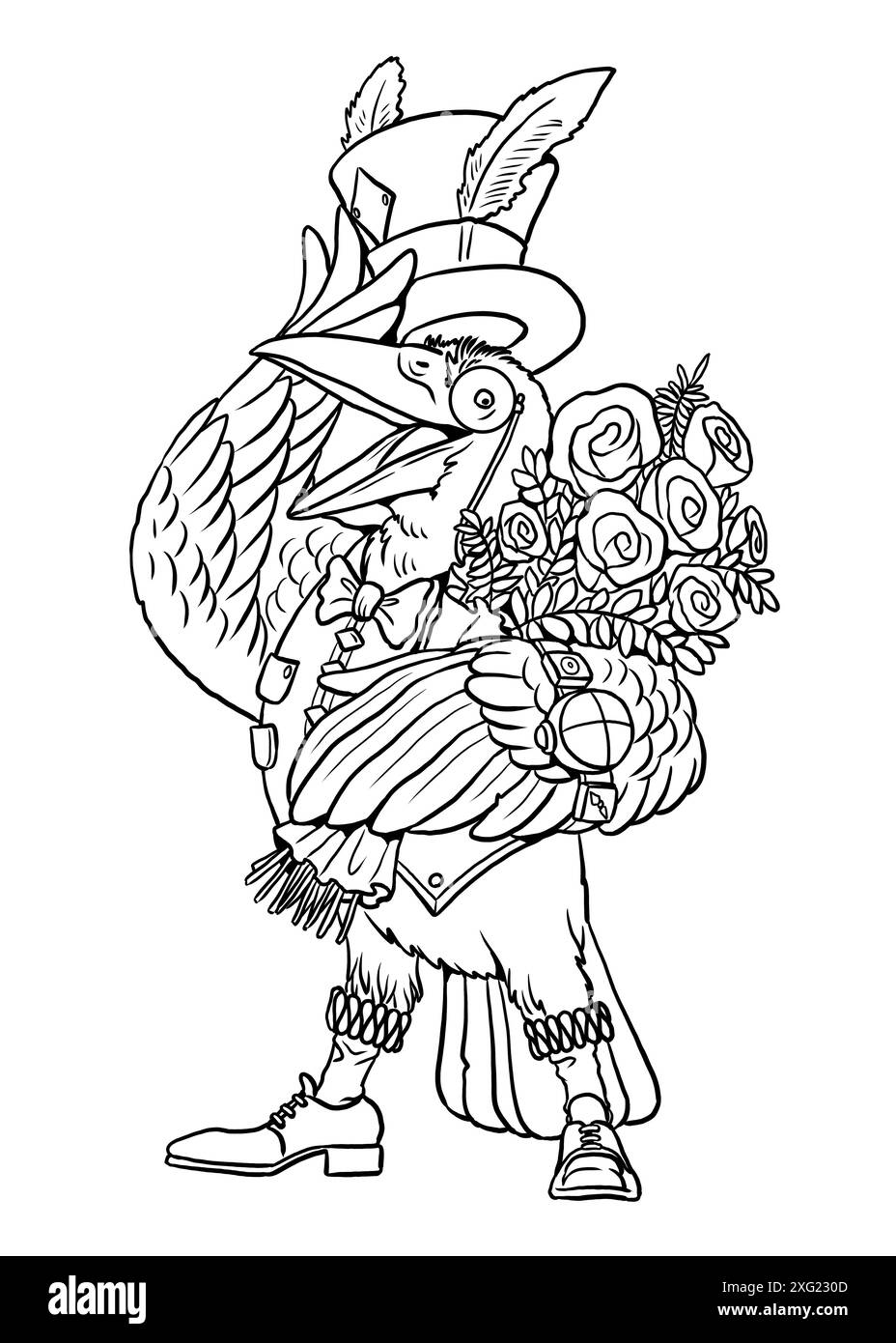 Corvo amichevole in abiti steampunk e con un grande bouquet di fiori da colorare. Pagina da colorare per bambini e adulti. Foto Stock