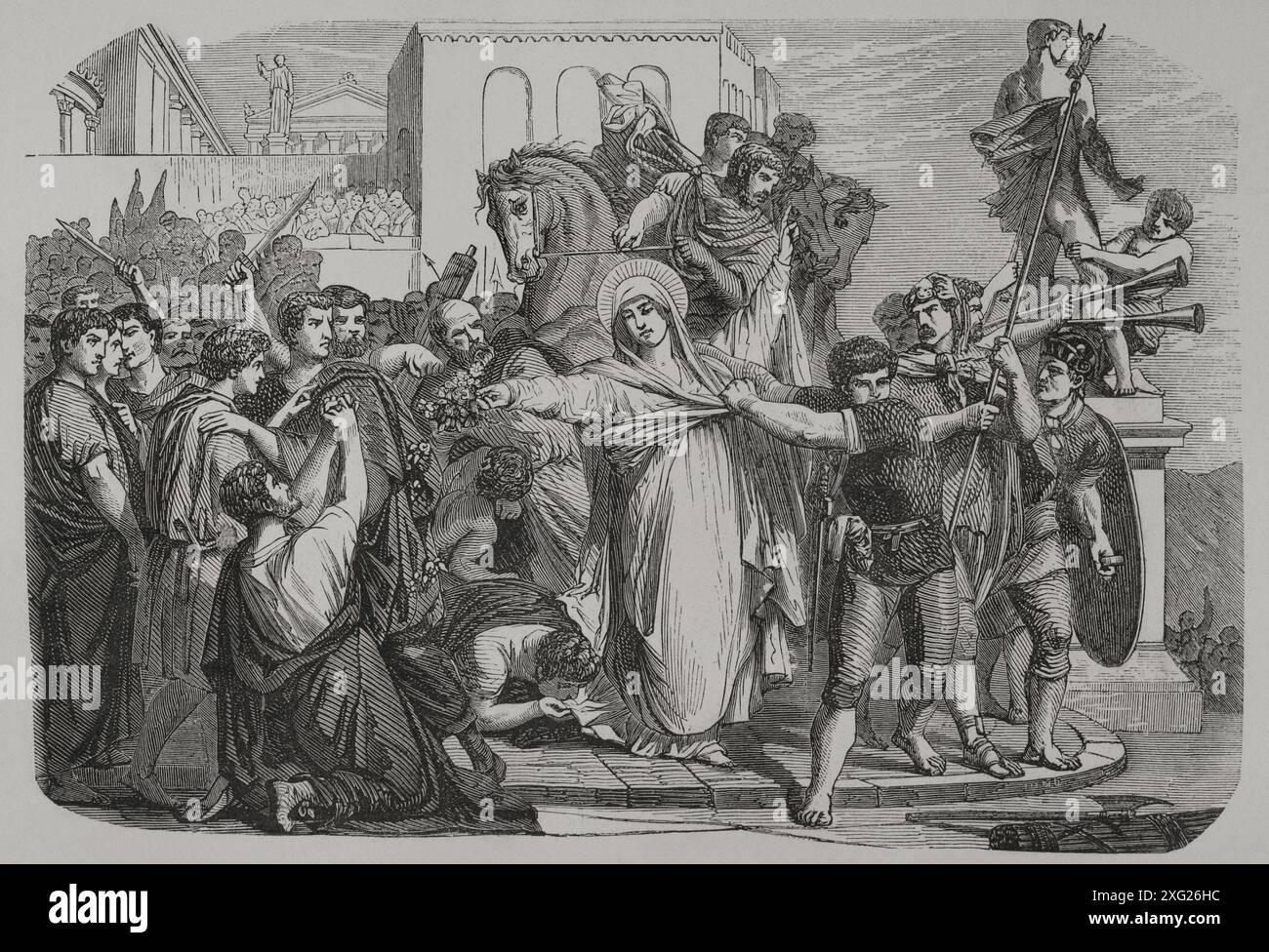 Saint Dorothy o Dorothy di Caesarea (ca. 279-ca. 311). santo cristiano nato a Cesarea in Cappadocia. Martirizzato intorno al 303 durante la grande persecuzione di Diocleziano. Fu condannata a morte per essersi rifiutata di adorare gli dei romani. Morte di Dorothy. Incisione. "Los Héroes y las Grandezas de la Tierra" (gli eroi e i magnifici della Terra). Volume VIII. 1856. Foto Stock