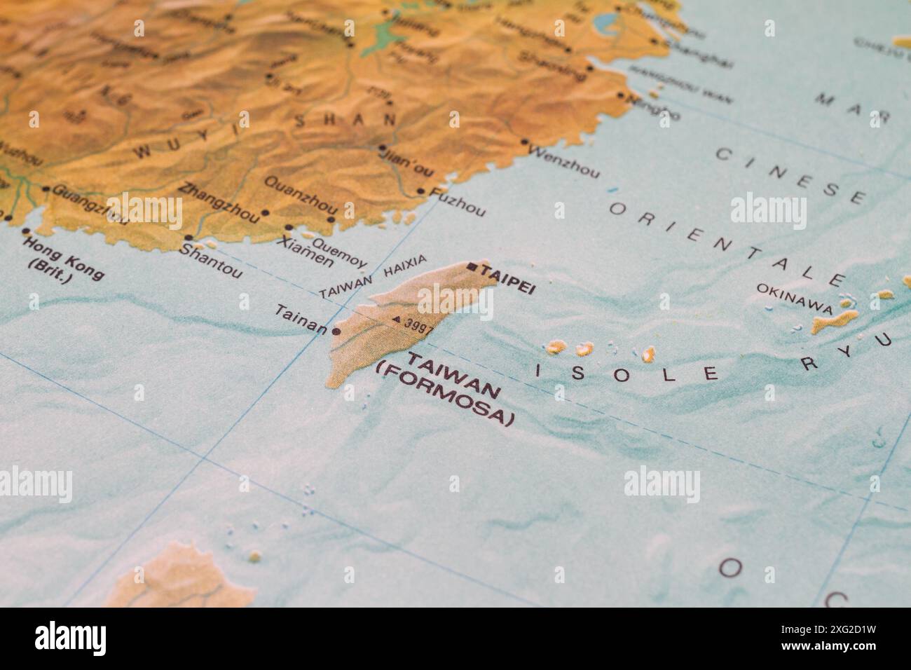 Vecchia mappa di Taiwan e della Cina con il Mar Cinese Orientale. Foto Stock