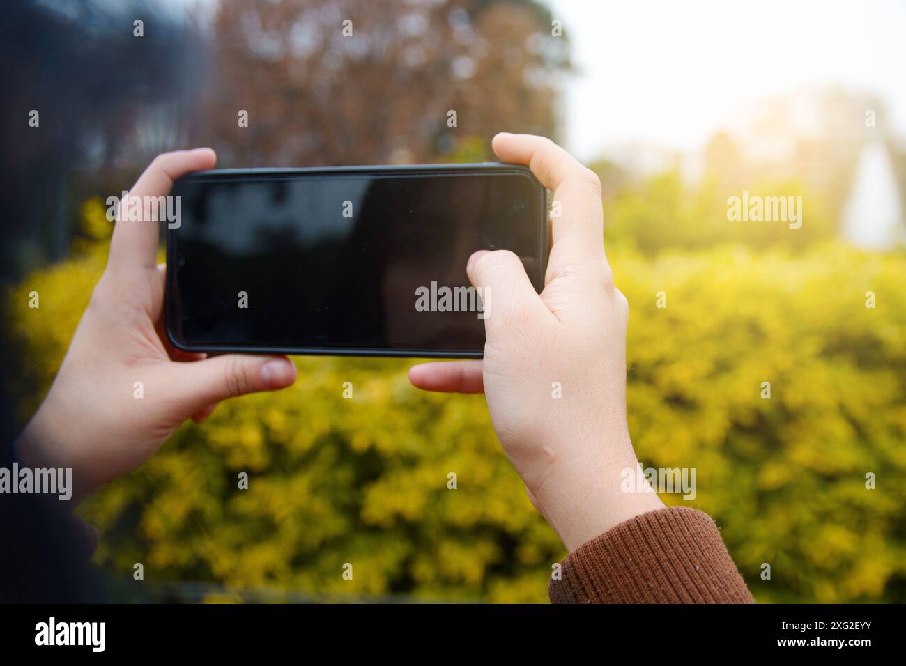 Mani femminili di una donna irriconoscibile che tiene il telefono mentre fotografa il giardino in piano orizzontale. Foto Stock
