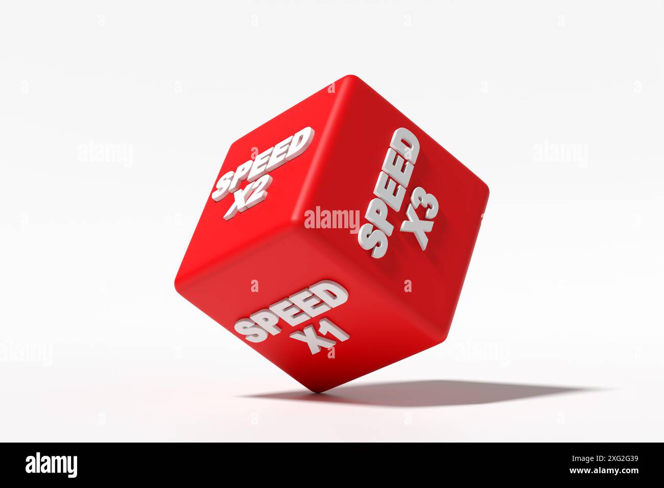 I dadi rossi girano con diversi livelli di velocità. Concetto di controllo della velocità. Rendering 3D. Foto Stock