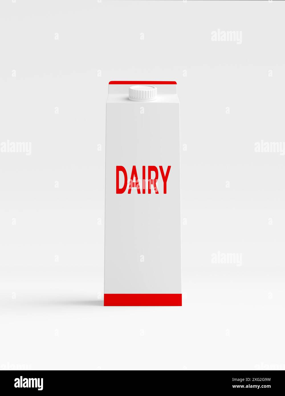 Concetto di prodotti lattiero-caseari. Scatola di cartone per latte caseario con design rosso e bianco su sfondo bianco. rendering 3d. Foto Stock