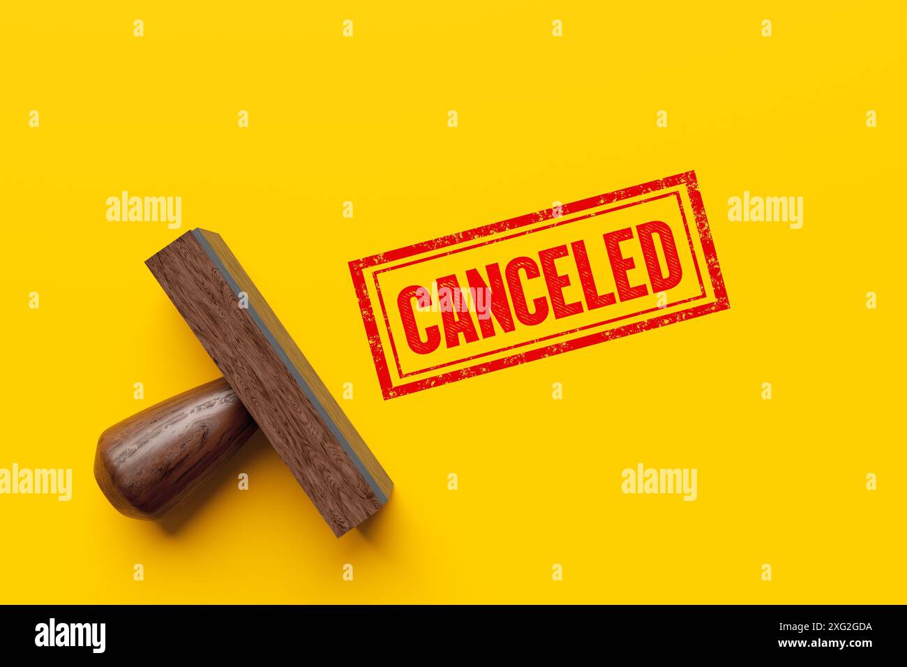 Messaggio di cancellazione. Il timbro in legno stampa la parola cancellata su sfondo giallo, simboleggiando il cambiamento di viaggio o di lavoro. rendering 3d. Foto Stock