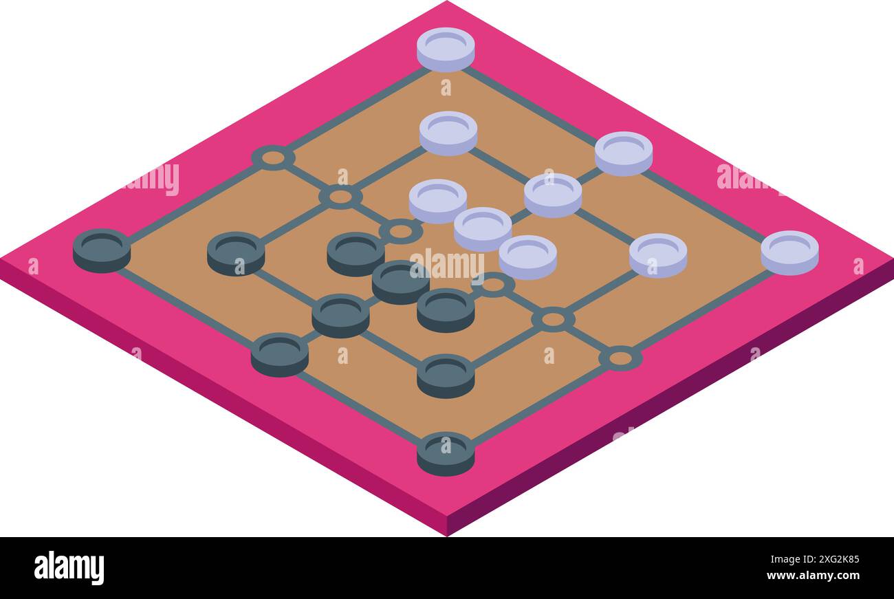 Gioco da tavolo strategico con pietre bianche e nere posizionate su una griglia, che sfida i giocatori a superare l'avversario Illustrazione Vettoriale