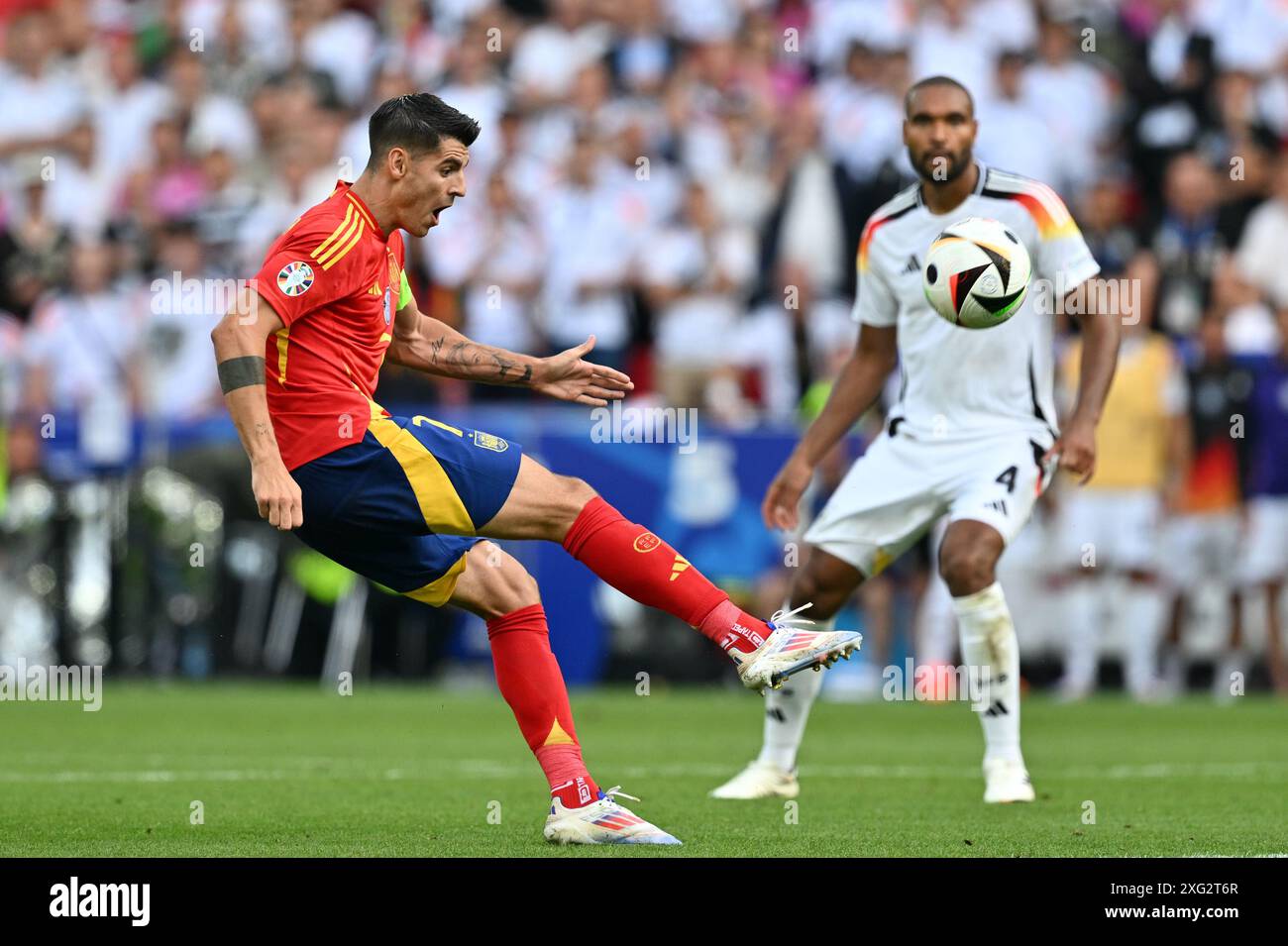 Stoccarda, Germania. 5 luglio 2024. Alvaro Morata (7) di Spagna, nella foto in azione durante una partita di calcio tra le squadre nazionali di Spagna e Germania nei quarti di finale del torneo UEFA Euro 2024, venerdì 5 luglio 2024 a Stoccarda, Germania . Crediti: Sportpix/Alamy Live News Foto Stock