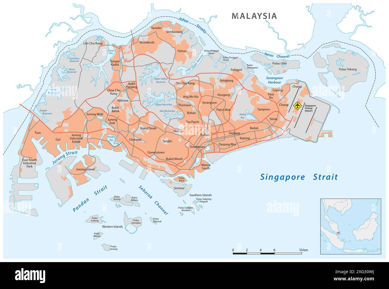 Mappa stradale dettagliata della Repubblica di Singapore Foto Stock