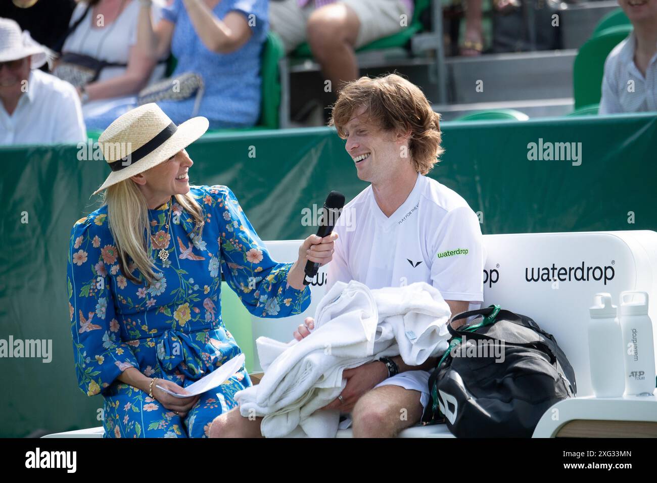 IMMAGINI DEI FILE. 6 luglio 2024. Il tennista russo Andrey Rublev è fuori Wimbledon. Stoke Poges, Regno Unito. 25 giugno 2024. Andrey Rublev, classificato al numero 6 del mondo, è raffigurato in un'intervista dall'emittente di Stewart dopo aver giocato a tennis al Boodles di Stoke Park, Stoke Poges, Buckinghamshire. Crediti: Maureen McLean/Alamy Foto Stock