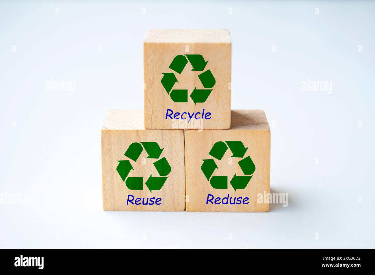 Ricicla il simbolo sui cubi di legno con testo ricicla, riutilizza e riduce con sfondo bianco della copertina. Foto Stock