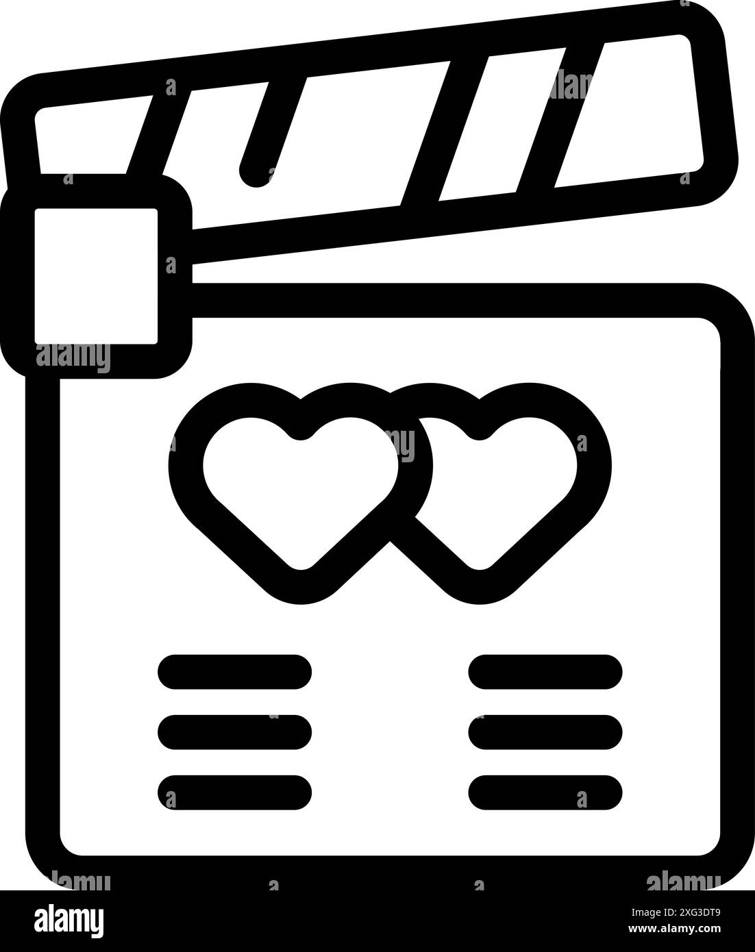 Il clapperboard con due cuori per il film romantico è una semplice icona che rappresenta il concetto di amore e matrimonio nel cinema Illustrazione Vettoriale