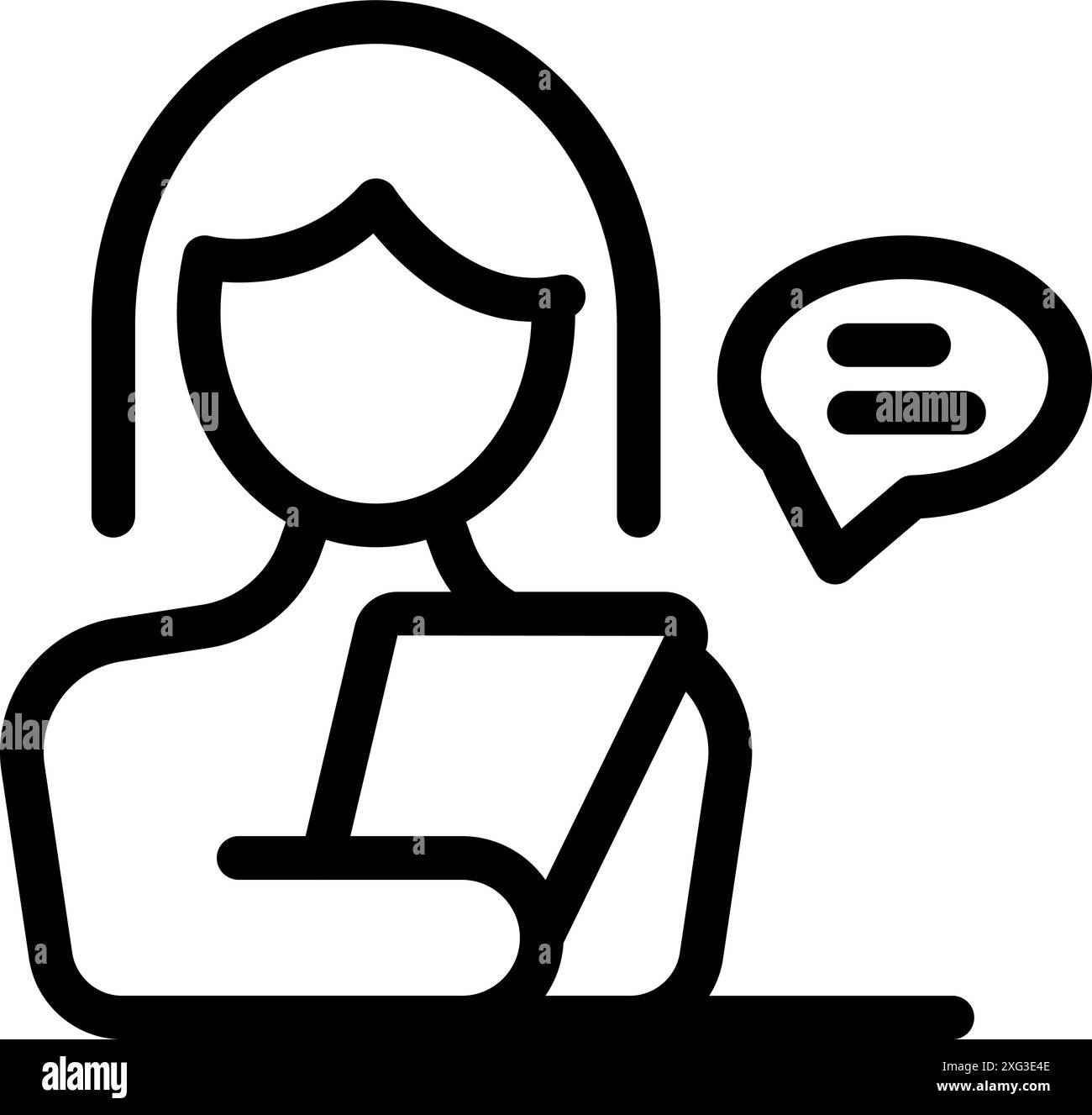Icona della linea di una donna d'affari che tiene un tablet e chatta online Illustrazione Vettoriale