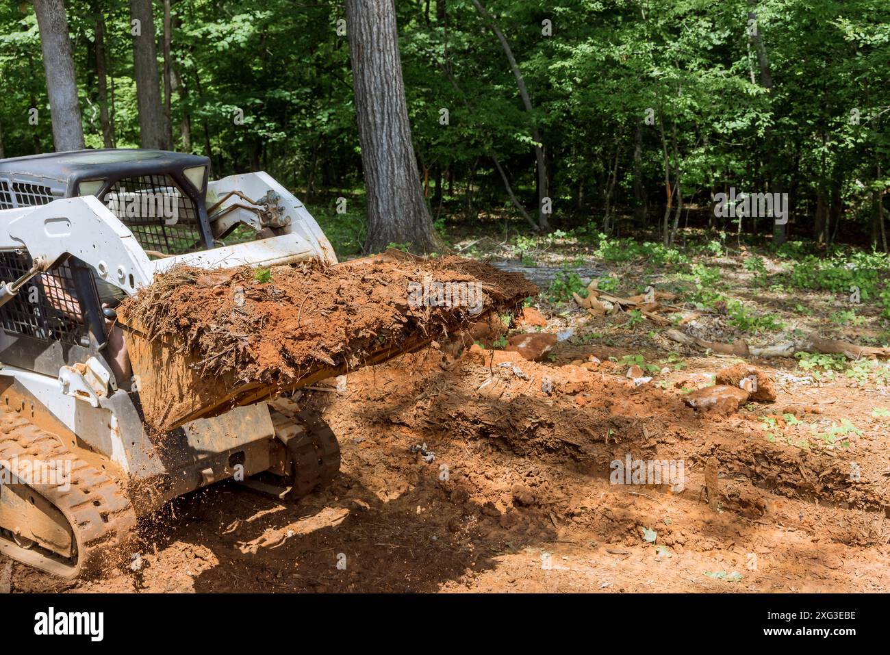 Con la benna, il trattore esegue il livellamento del terreno nella foresta durante le lavorazioni a terra Foto Stock