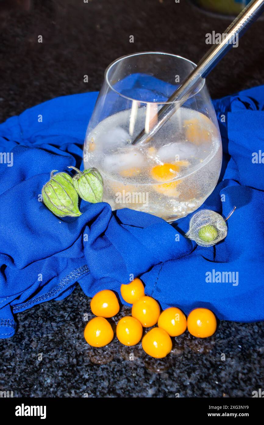 Gin e tonico, con uva spina di mantello arancione brillante su un panno blu brillante Foto Stock