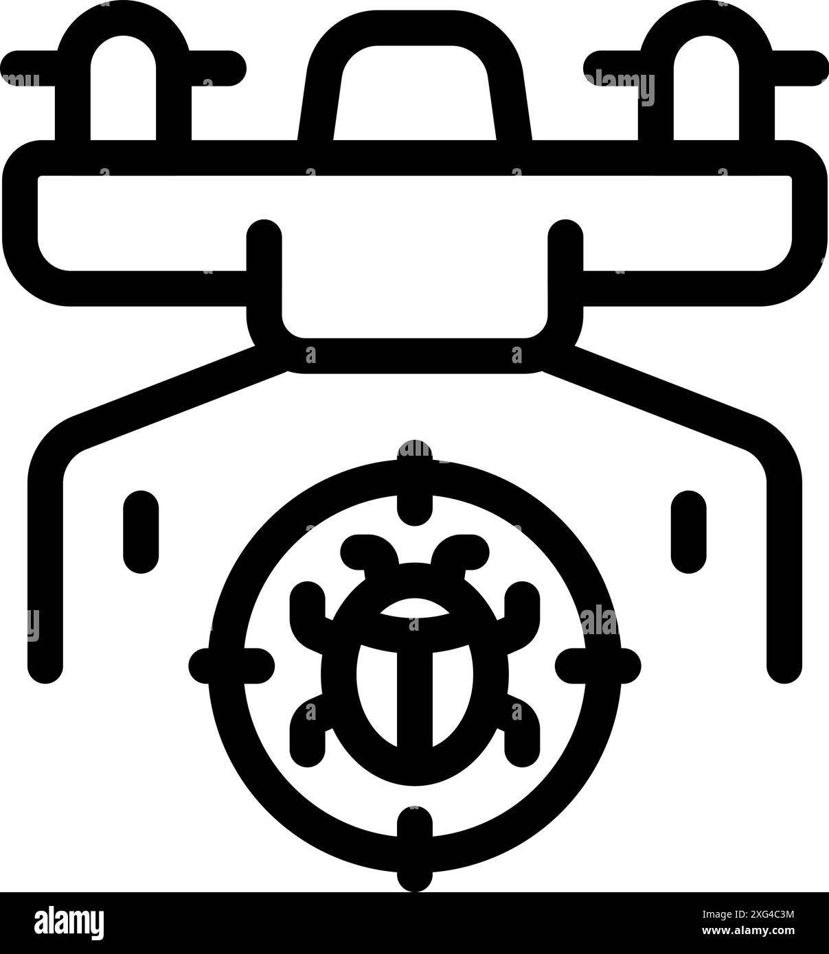 Il drone sta rilevando un bug del computer con un simbolo di destinazione, che rappresenta la scansione delle vulnerabilità e la sicurezza informatica Illustrazione Vettoriale