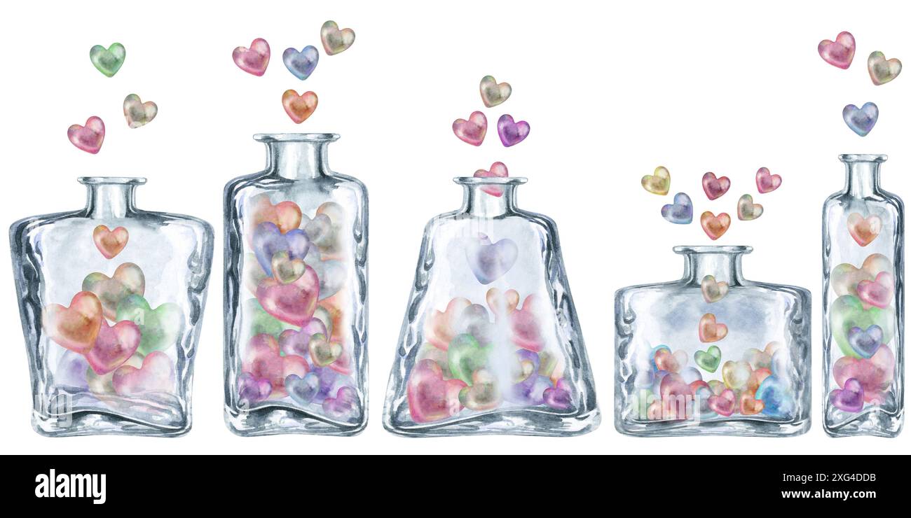 Bordo senza cuciture dei flaconi in vetro trasparente con cuori multicolore perlati. Illustrazione in acquerello della pozione d'amore per il modello di San Valentino, matrimonio Foto Stock