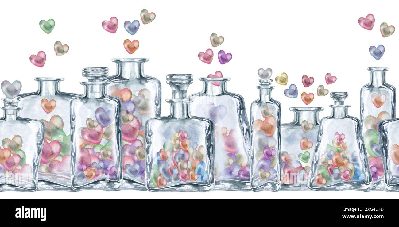 Bordo senza cuciture dei flaconi in vetro trasparente con cuori multicolore perlati. Illustrazione in acquerello della pozione d'amore per il modello di San Valentino, matrimonio Foto Stock