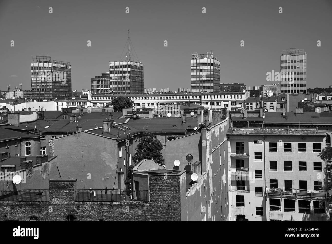 Panorama della città di Poznan con moderni grattacieli e tetti di case, Polonia, monocromatico Foto Stock