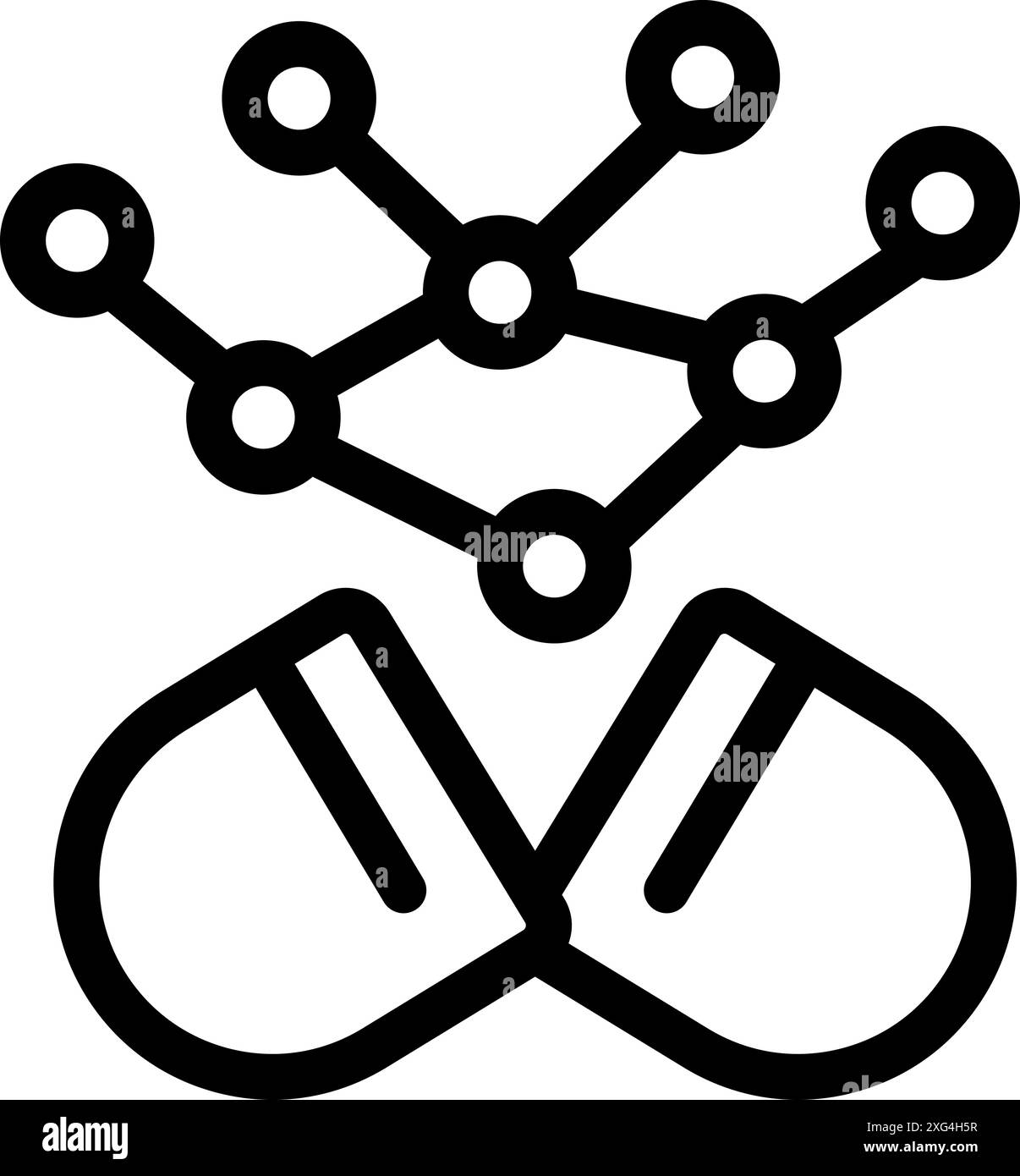 Capsula medica aperta che forma la struttura molecolare con punti collegati che simboleggiano la ricerca scientifica Illustrazione Vettoriale