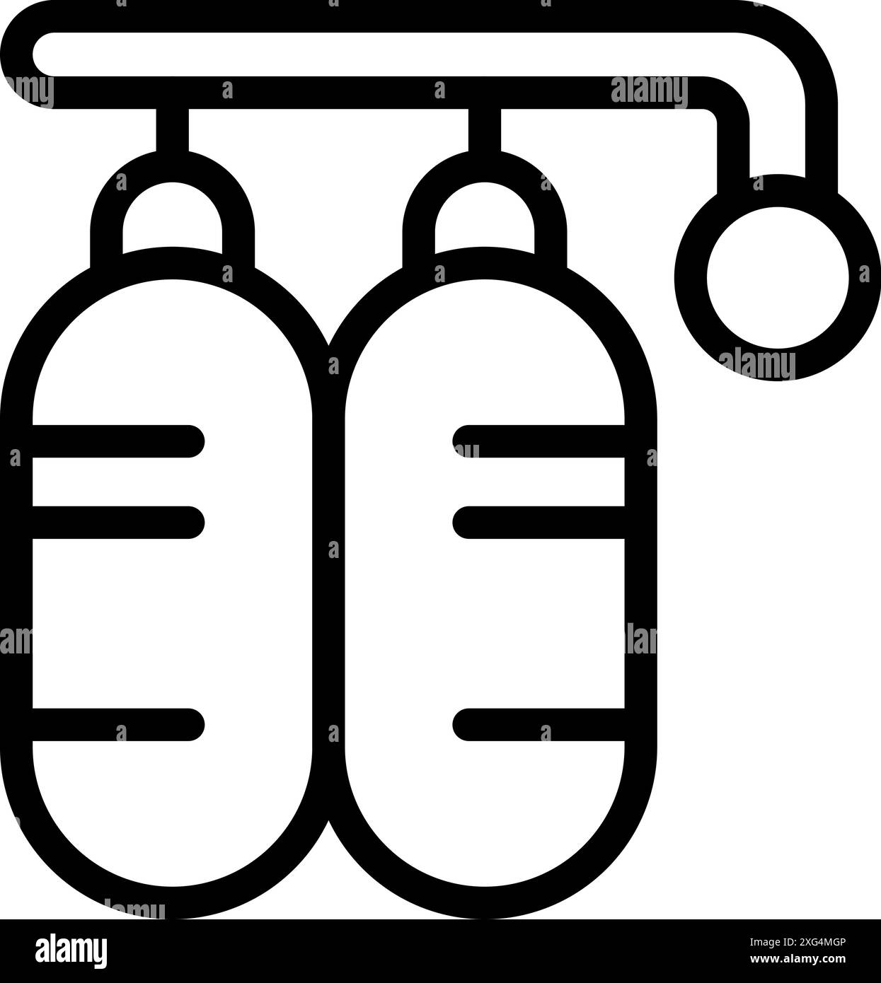 Icona a linea di due bombole di ossigeno appese su un rack, che rappresenta l'apparecchiatura medica Illustrazione Vettoriale