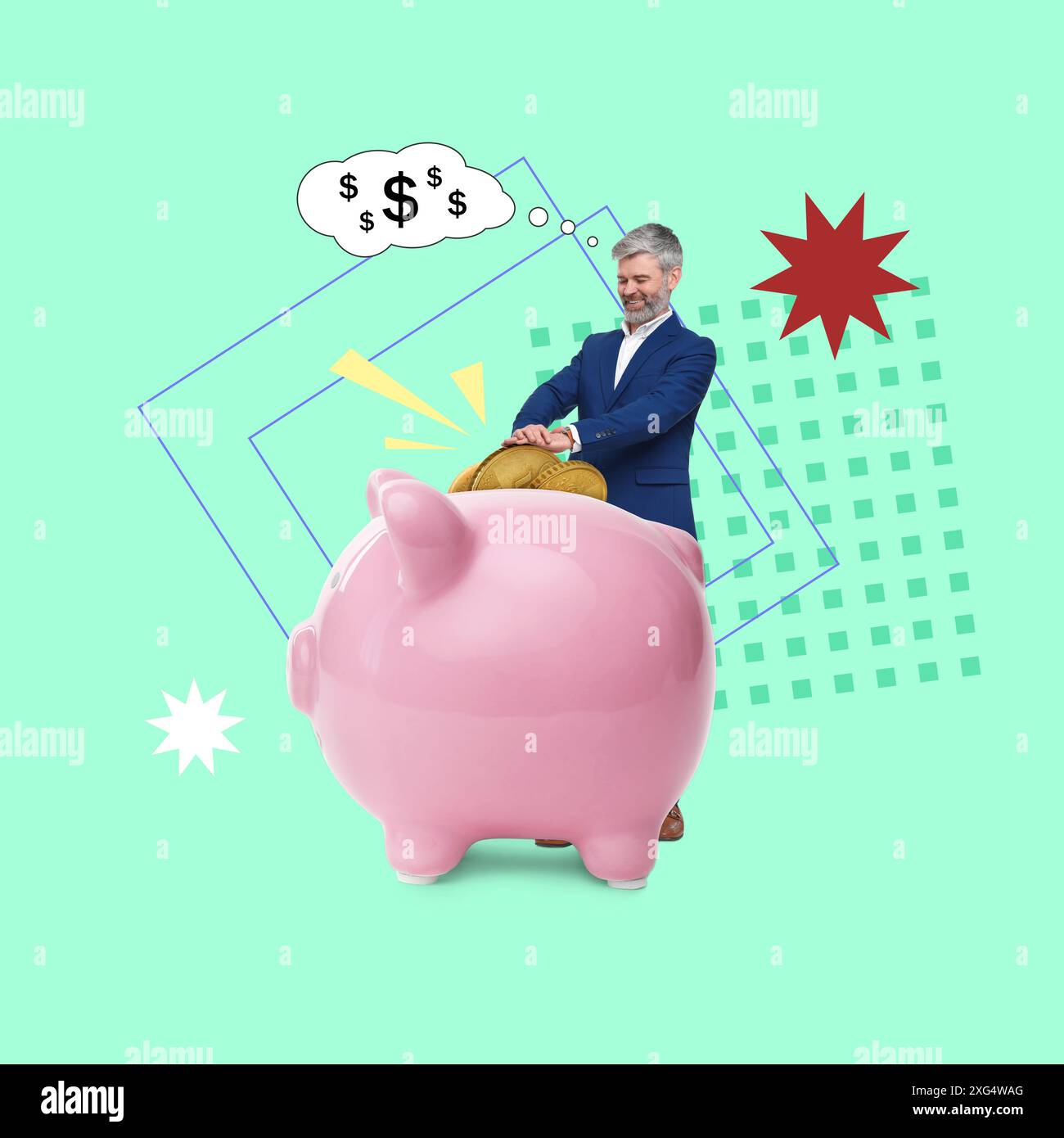 Collage creativo con un uomo d'affari che mette le monete nel salvadanaio su sfondo colorato Foto Stock