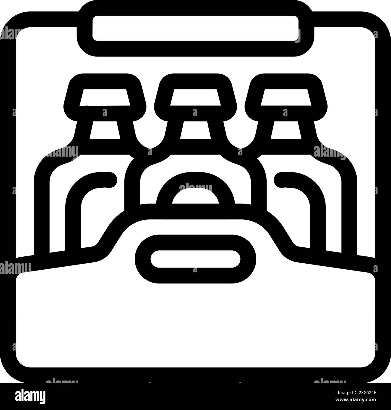 Disegno lineare di una scatola di cartone contenente tre bottiglie di vetro con maniglia per un facile trasporto Illustrazione Vettoriale