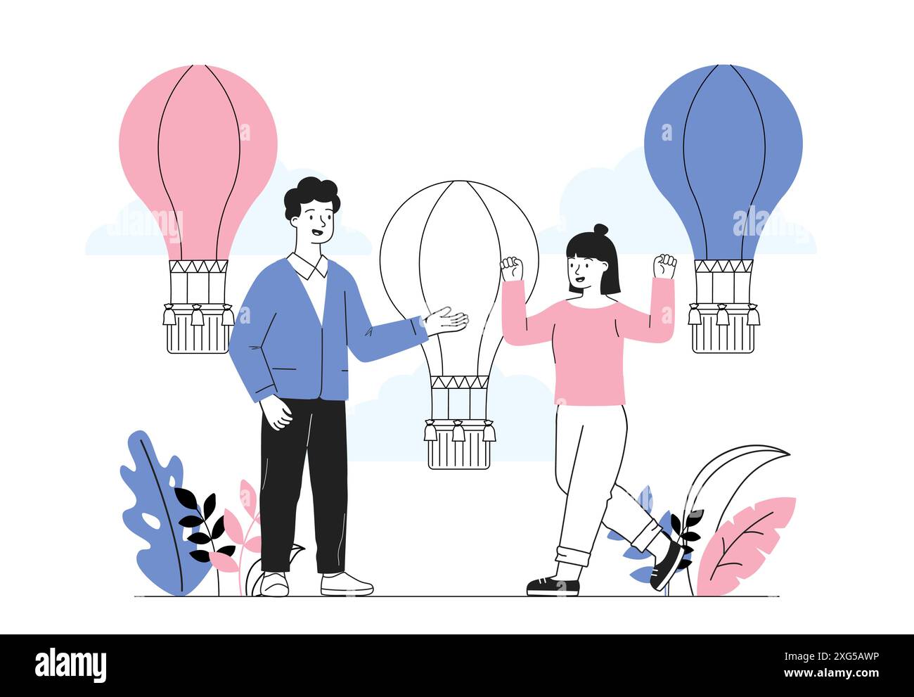 Persone con mongolfiere. Uomo e donna vicino a palloncini. Appuntamento romantico nell'aria. Viaggi, viaggi e turismo, stile di vita attivo. Vettore lineare Illustrazione Vettoriale